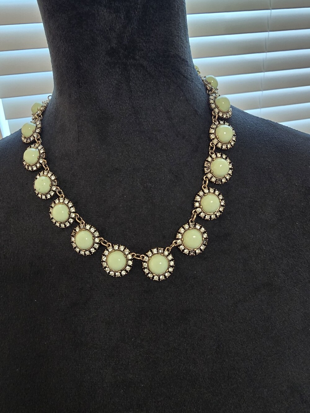 Vintage J CREW Gold-Tone Necklace with Mint Green Cabochons and Crystal Halo